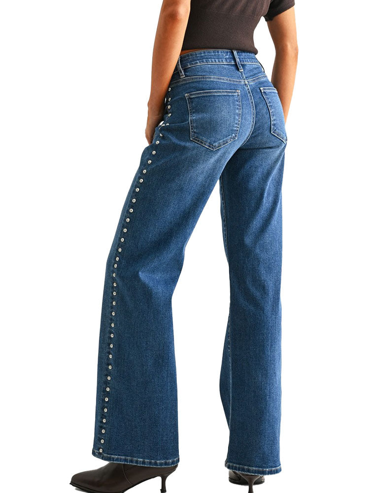 Mica Denim Women's Mid-rise Wide Leg Embellished Jeans