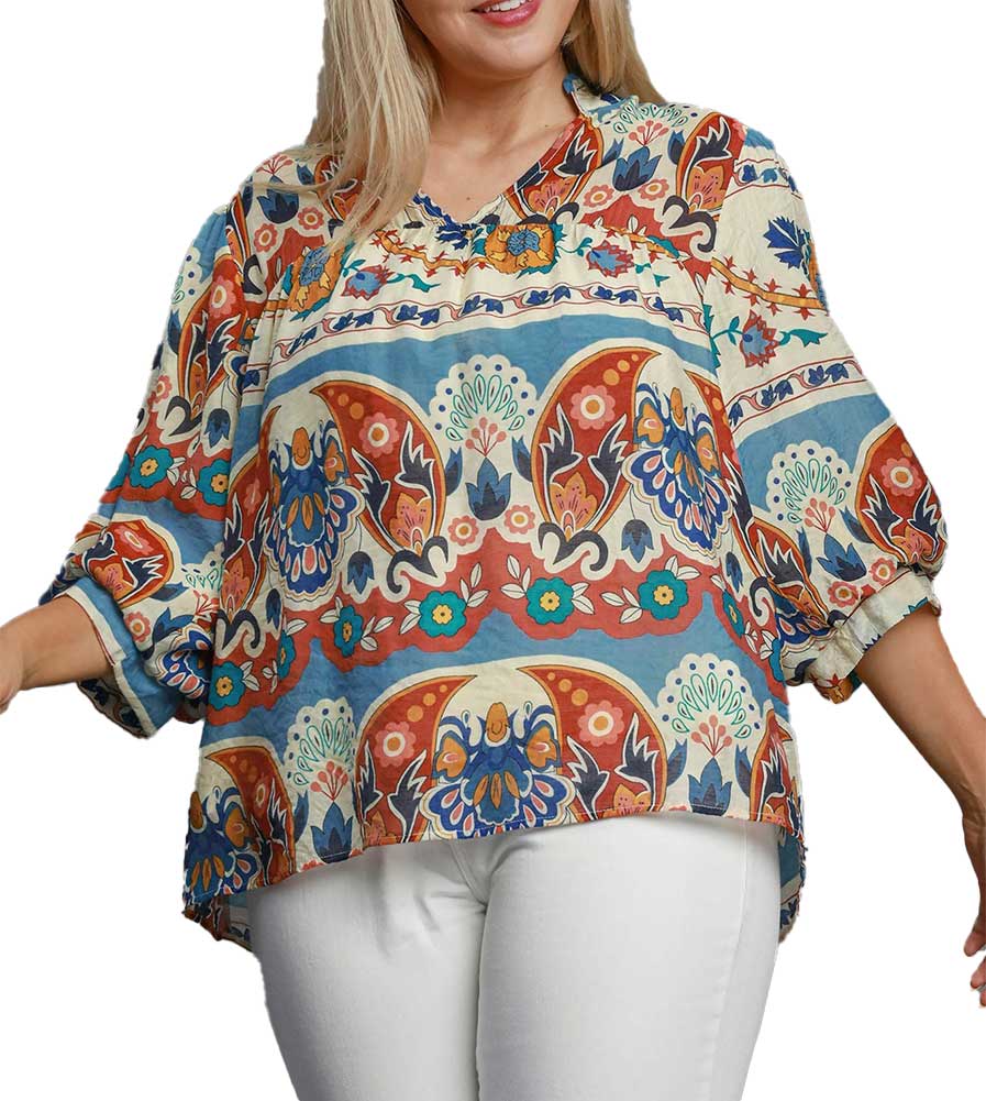 Umgee USA Split Neck Print Top