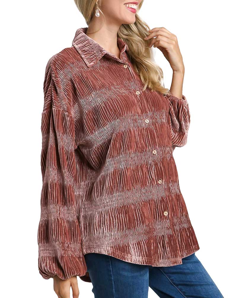 Umgee USA Tiered Gather Smocked Velvet Top