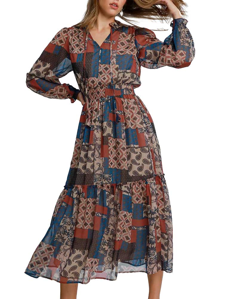 Umgee USA Metallic Scarf Print Midi Dress