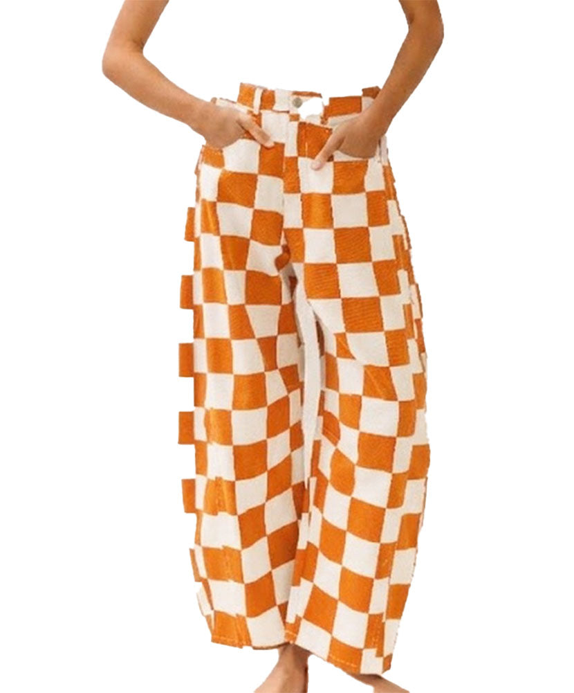 Oddi Checkered Printed Barrel Denim Pants