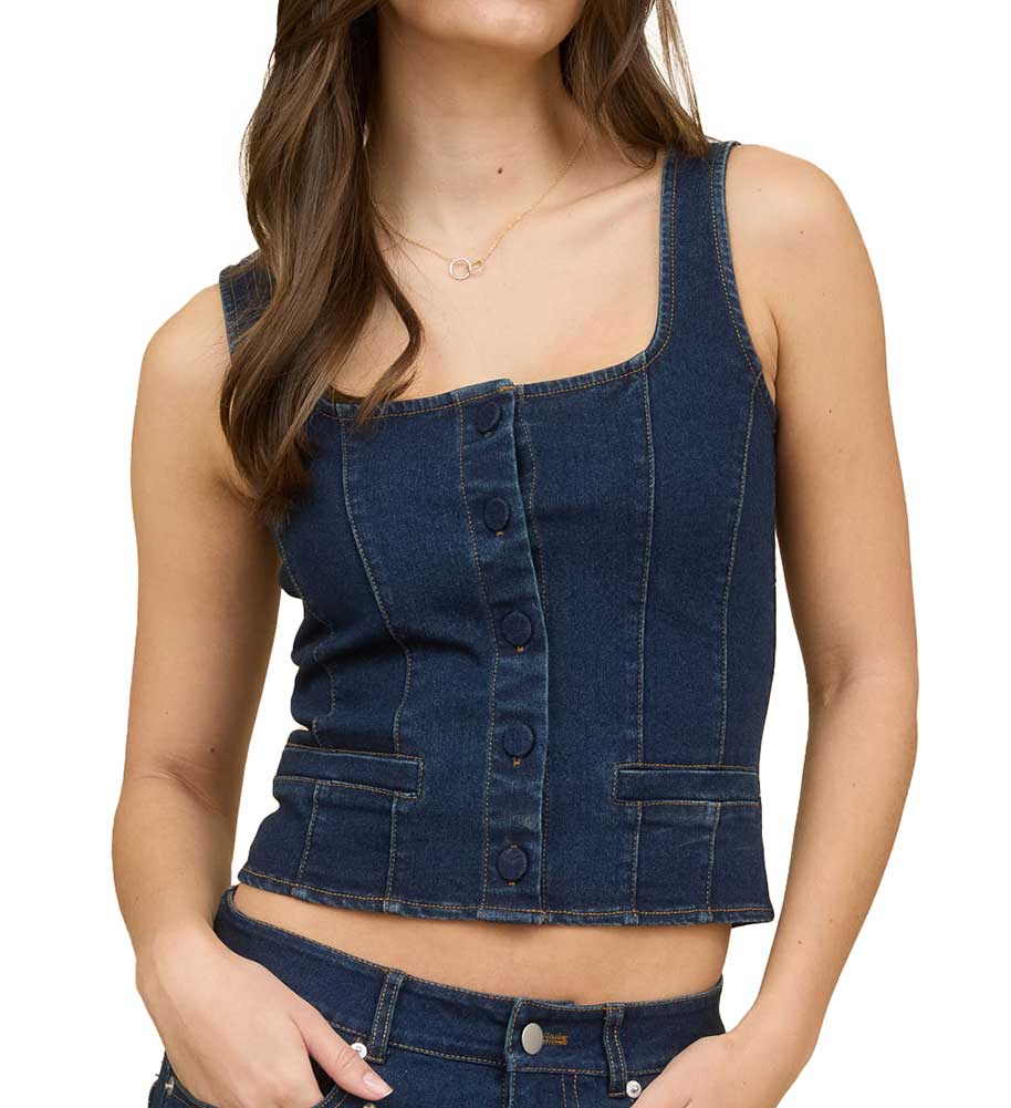 Blu Pepper Denim Button Down Square Neck Corset Vest