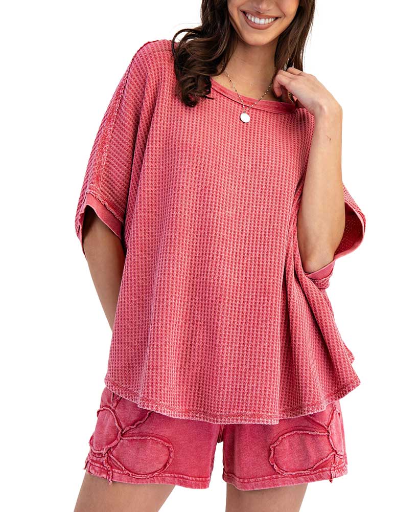 Easel Mineral Washed Thermal Knit Oversized Top