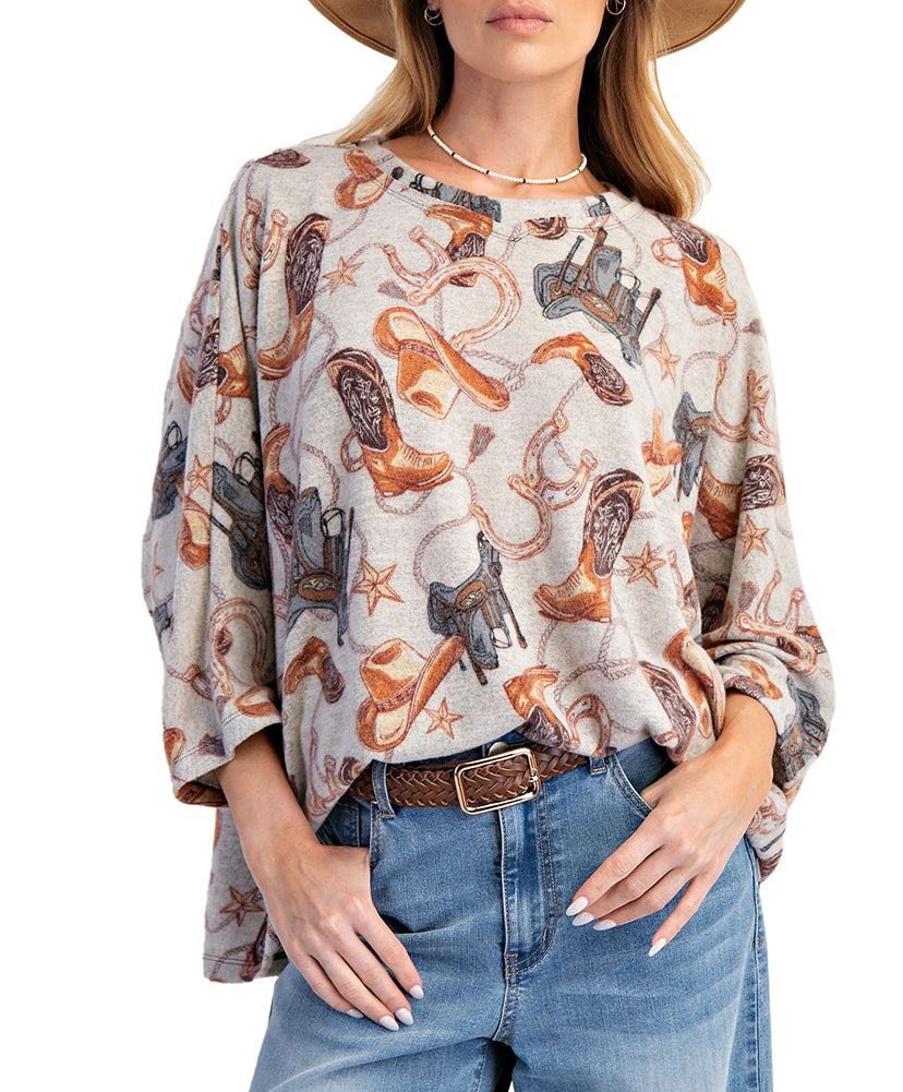 Easel Western Printed Brushed Hacci Top