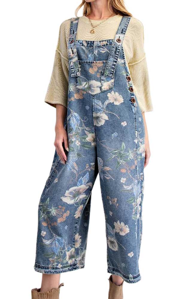 Easel Flower Printed Washed Denim Overalls