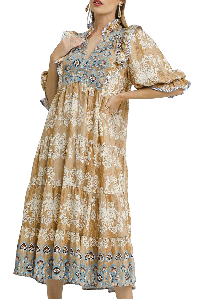 Umgee USA Damask Ruffle Sleeve Midi Dress