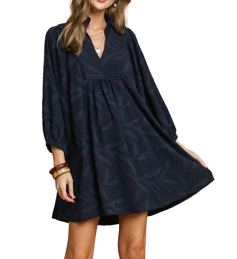 Umgee USA Jacquard High Ruffle Neck Dress