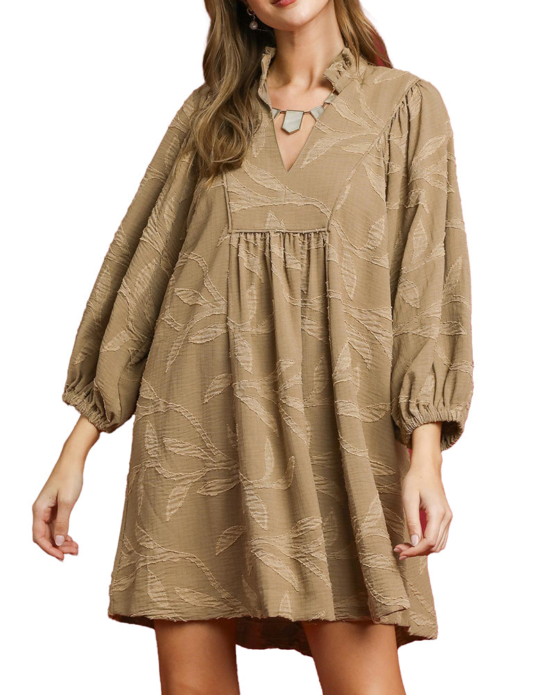 Umgee USA Jacquard High Ruffle Neck Dress