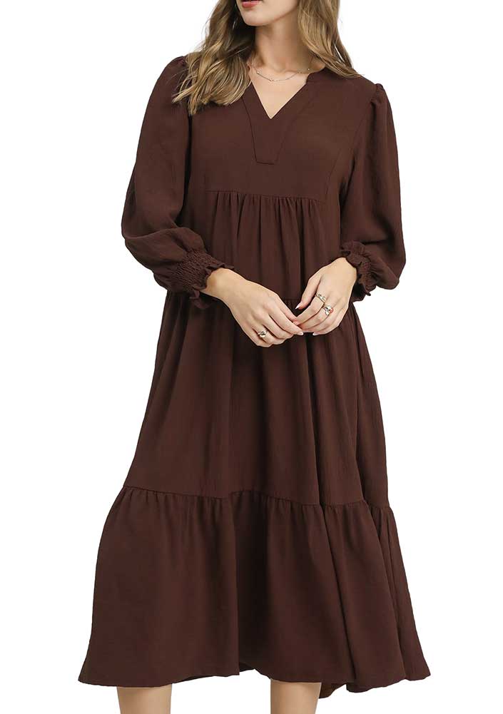 Umgee USA Tiered Midi Dress Smocked Cuffs