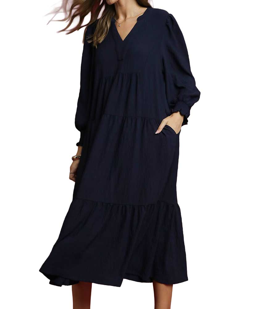 Umgee USA Tiered Midi Dress Smocked Cuffs