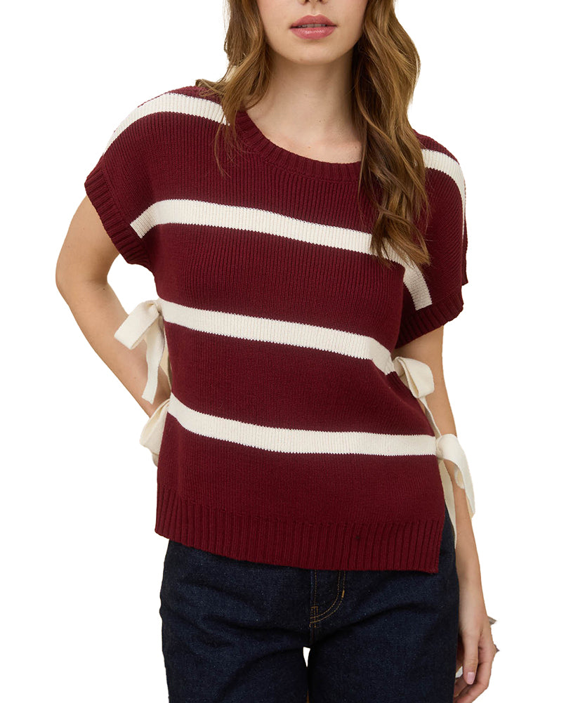 Blu Pepper Stripe Side Tie Short Sleeve Knit Sweater