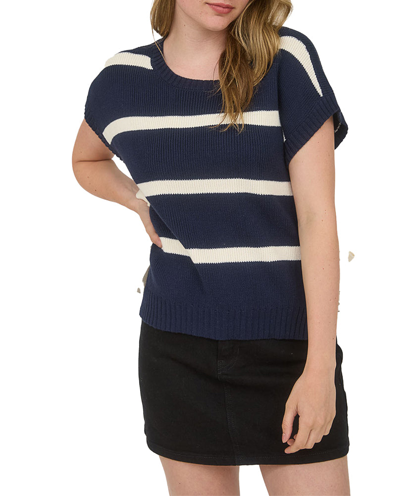 Blu Pepper Stripe Side Tie Short Sleeve Knit Sweater