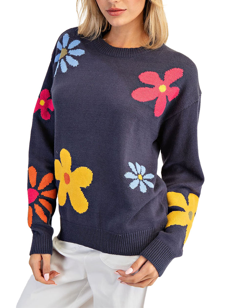 ee:some Floral Round Neck Long Sleeve Sweater