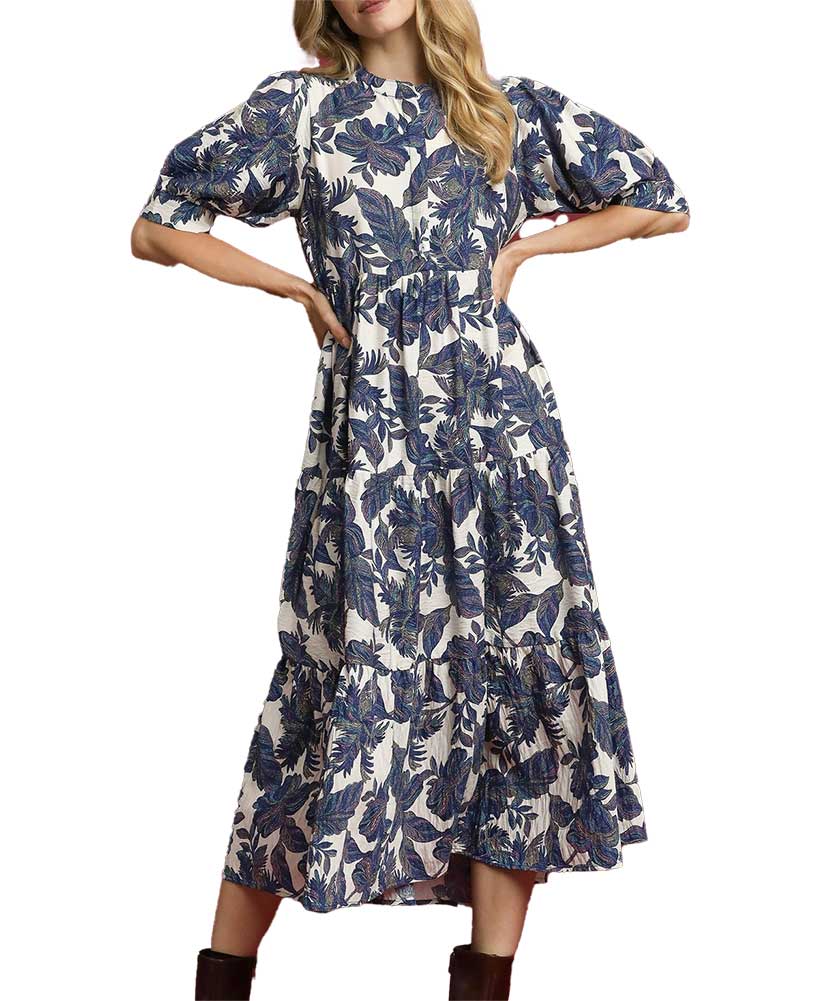 Umgee USA Boho Leaf Print Tiered Midi Dress