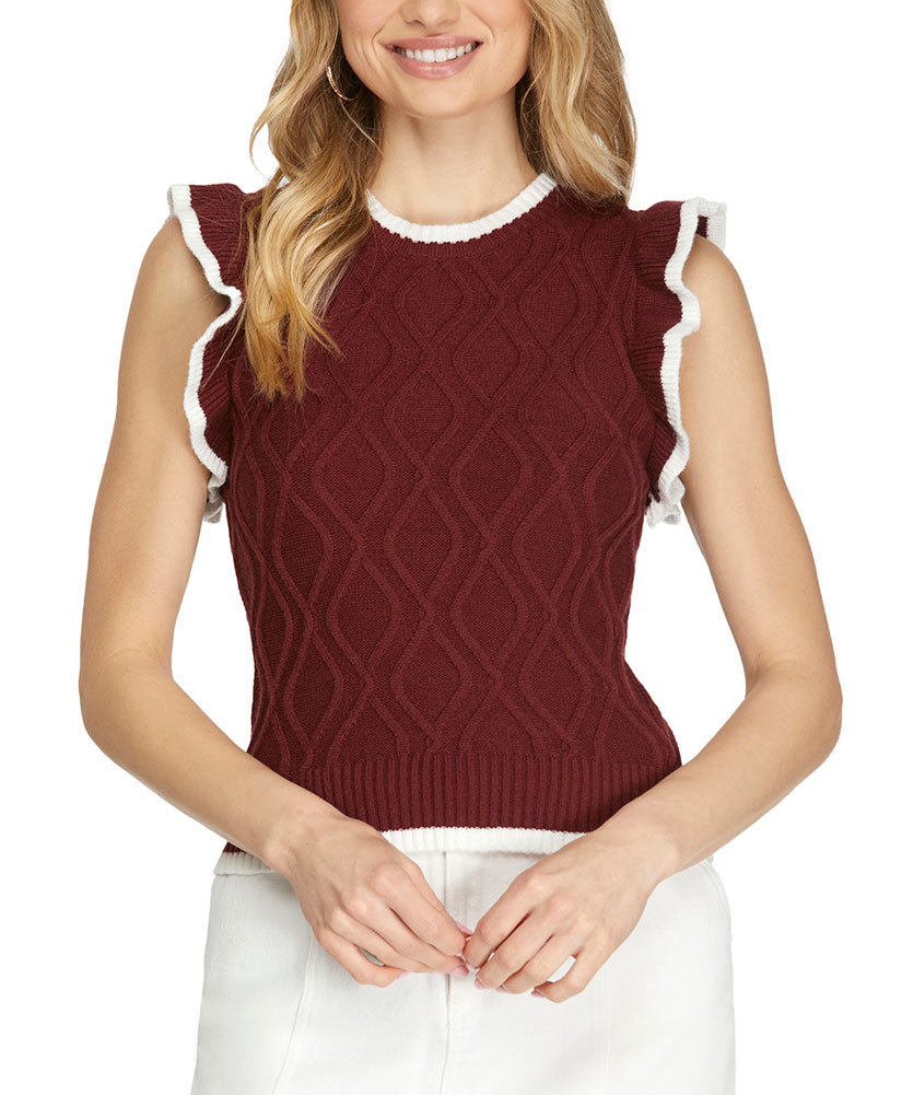 She + Sky Game Day Ruffle Sleeve Cable Sweater Top