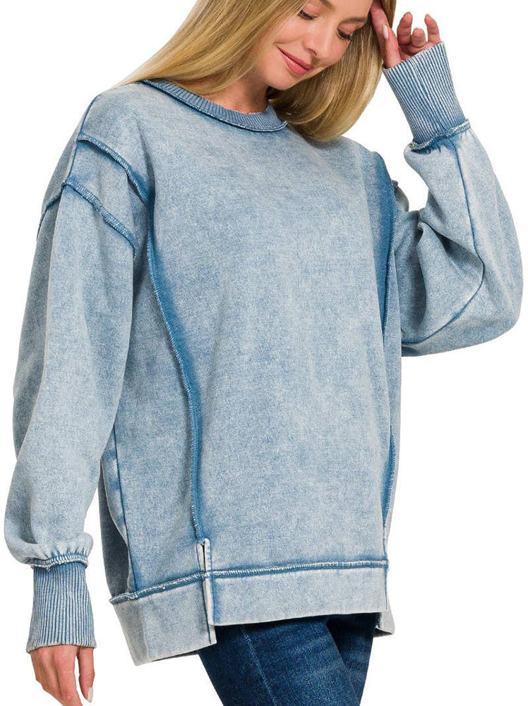 ZENANA Acid Wash Exposed-Seam Fleece Sweatshirt