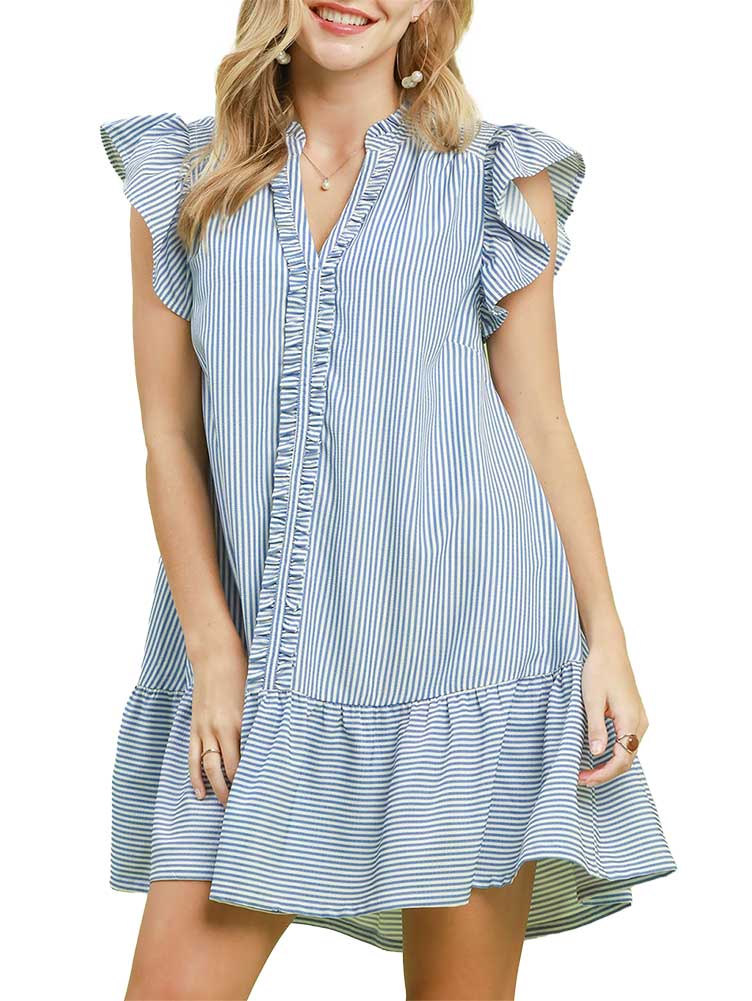 Umgee Ruffle Trim Stripe Flutter Sleeve Mini Dress