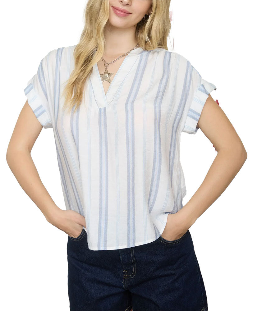 Blu Pepper Stripe Cuff Sleeves Split Neck Top