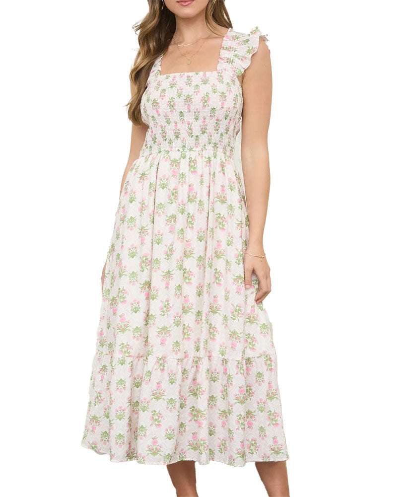 Blu Pepper Floral Tile Smocked Midi Dress