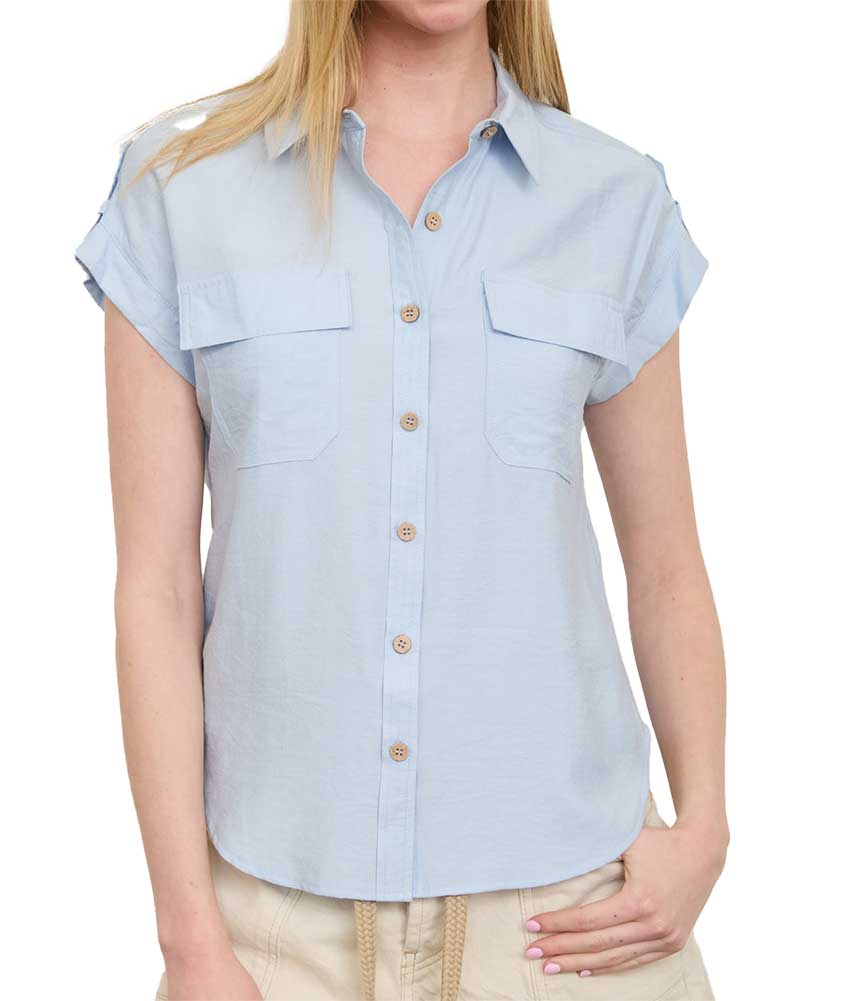 Blu Pepper Collard Button Down Tab Sleeve Shirt
