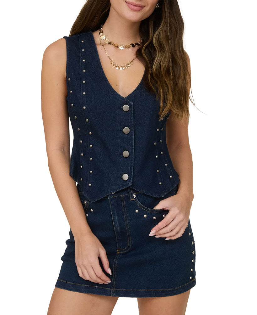 Blu Pepper Stud V-Neck Denim Vest