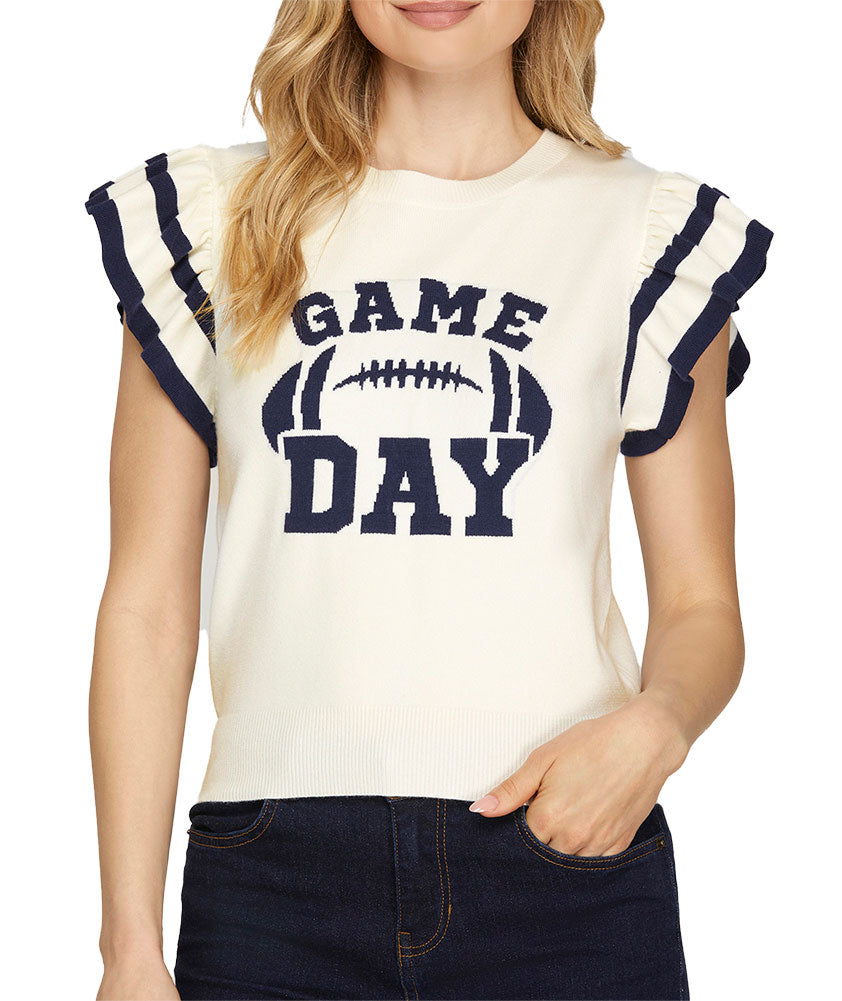 She + Sky Game Day Ruffled Sleeve Sweater Top