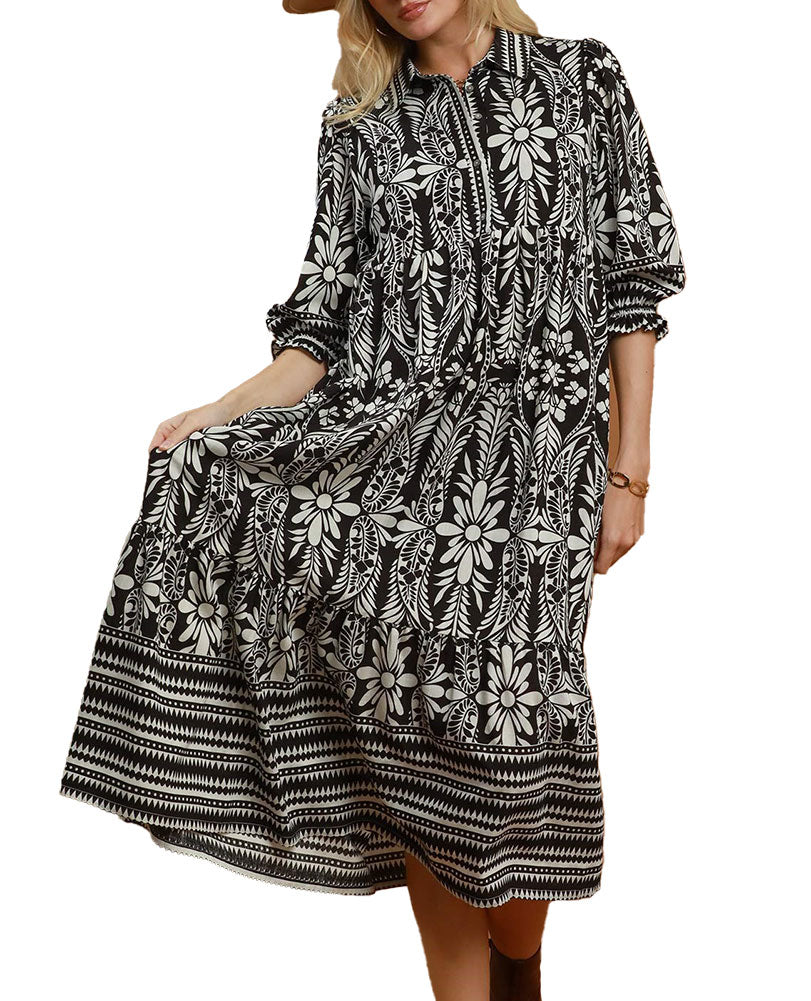 Umgee USA Botanical Border Print Tiered Midi Dress