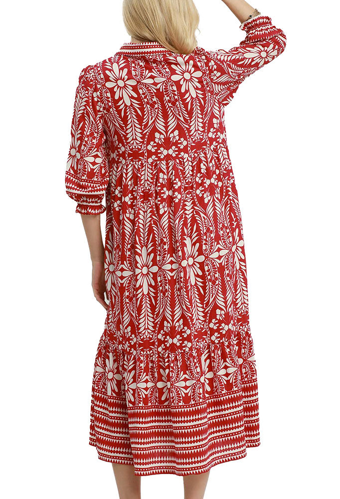 Umgee USA Botanical Border Print Tiered Midi Dress