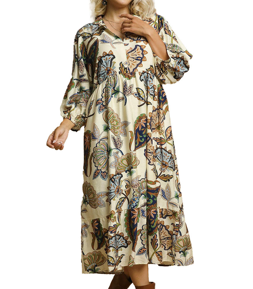 Umgee USA Boho Paisley Tiered Midi Dress