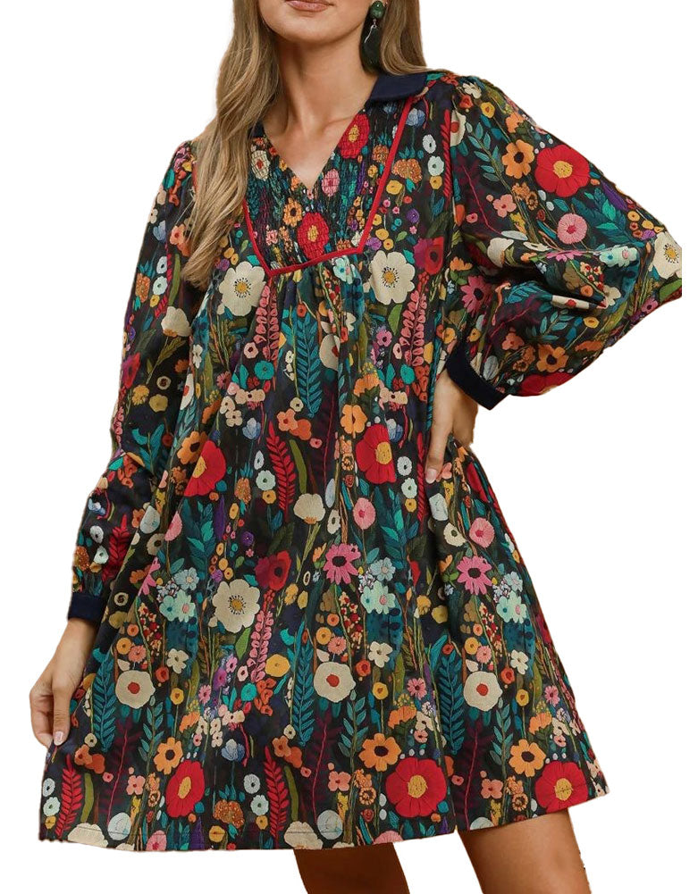 Umgee USA Floral Print Smocked Yoke Babydoll Dress