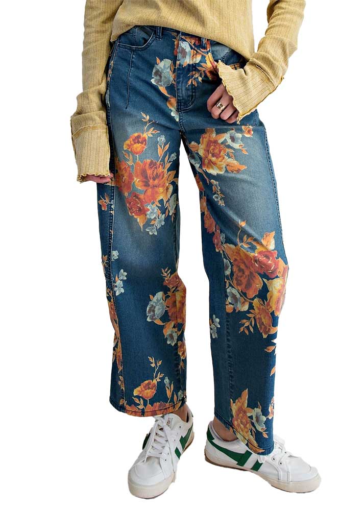 Easel Floral Printed Stretch Barrel Pants