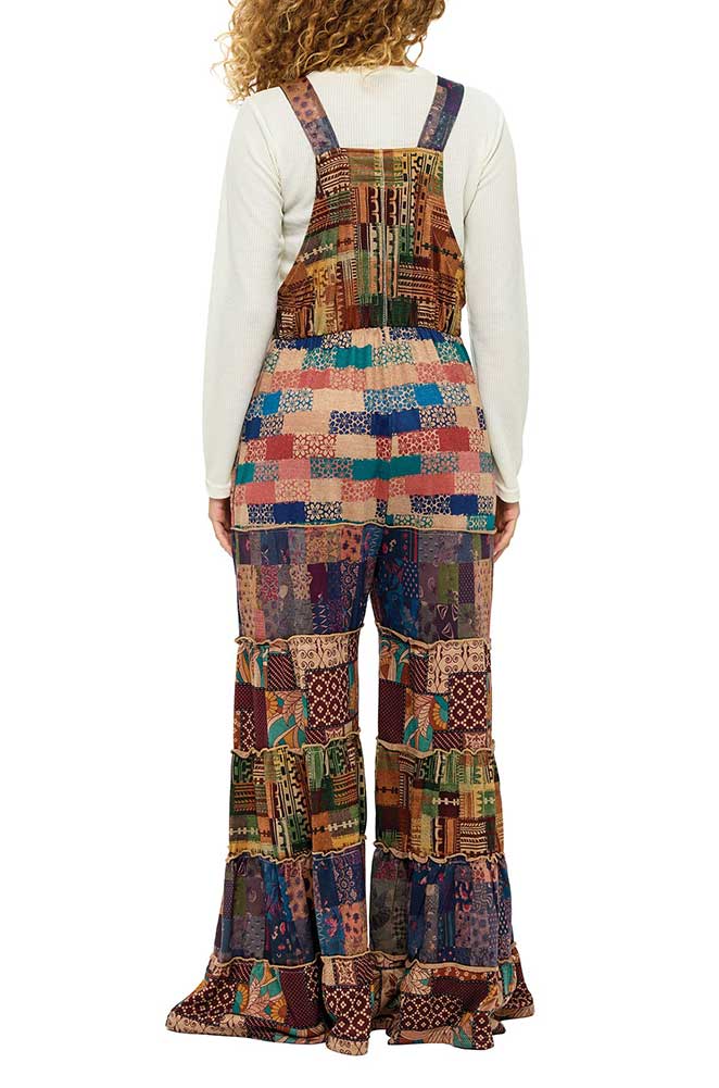 Yak & Yeti Soft Boho Geo Floral Tiered Wide Leg Overalls