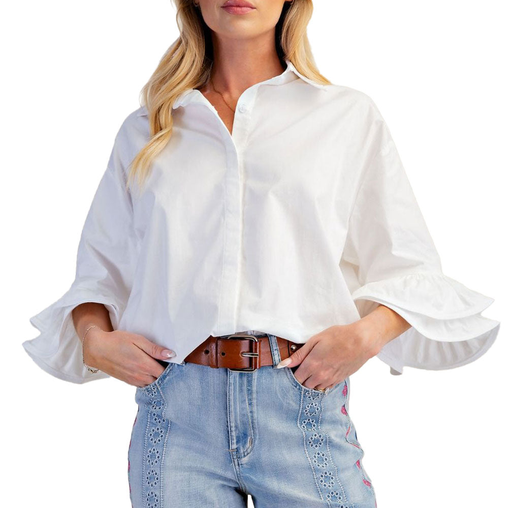 Easel Double Ruffle Poplin Blouse