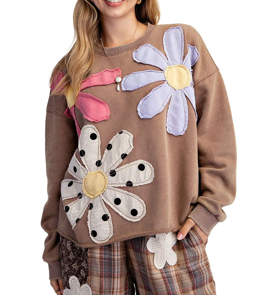 Easel Floral Patch Washed Terry Pullover