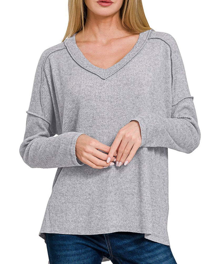 ZENANA Brushed Ribbed Hacci Drop Shoulder V-neck Sweater