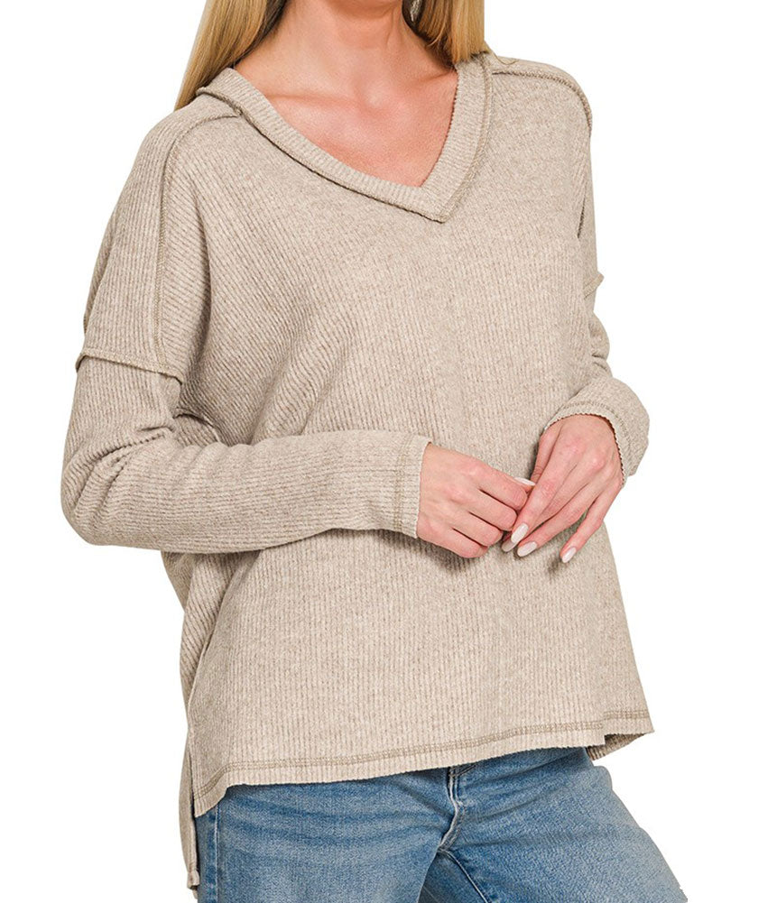 ZENANA Brushed Ribbed Hacci Drop Shoulder V-neck Sweater