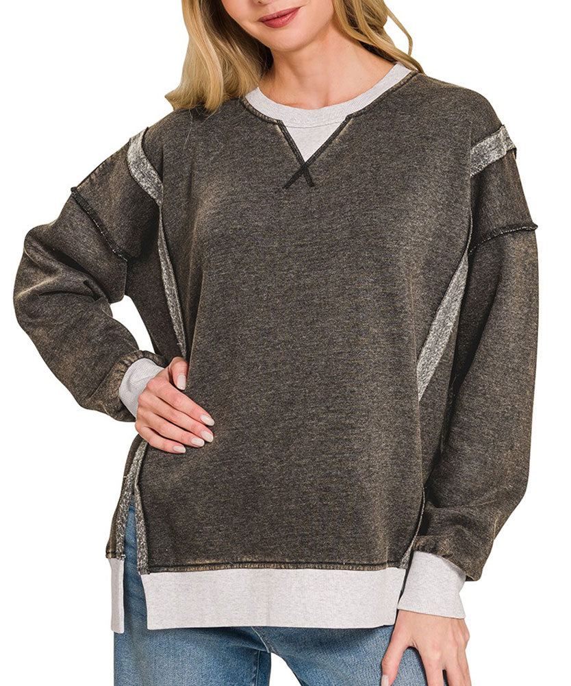 ZENANA Fleece Acid Washed Contrast Trim Pullover