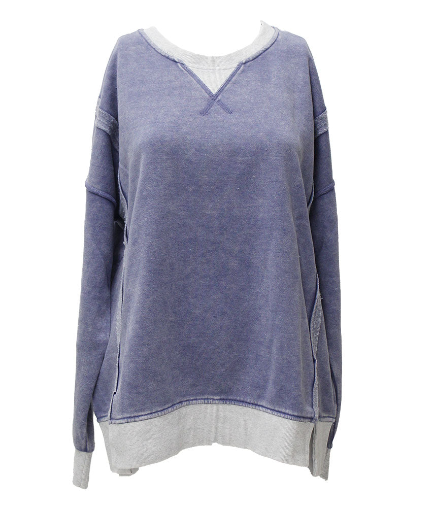 ZENANA Fleece Acid Washed Contrast Trim Pullover