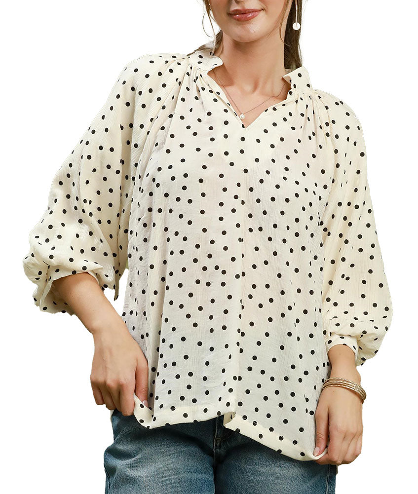 Umgee USA Polka Dot Textured Puff Sleeve Blouse