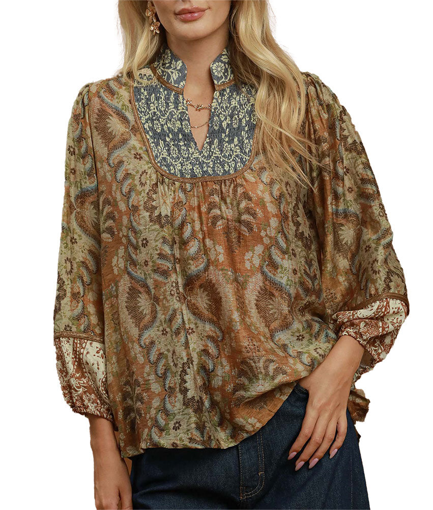 Umgee USA Boho Paisley Floral Print Contrast Yoke Blouse