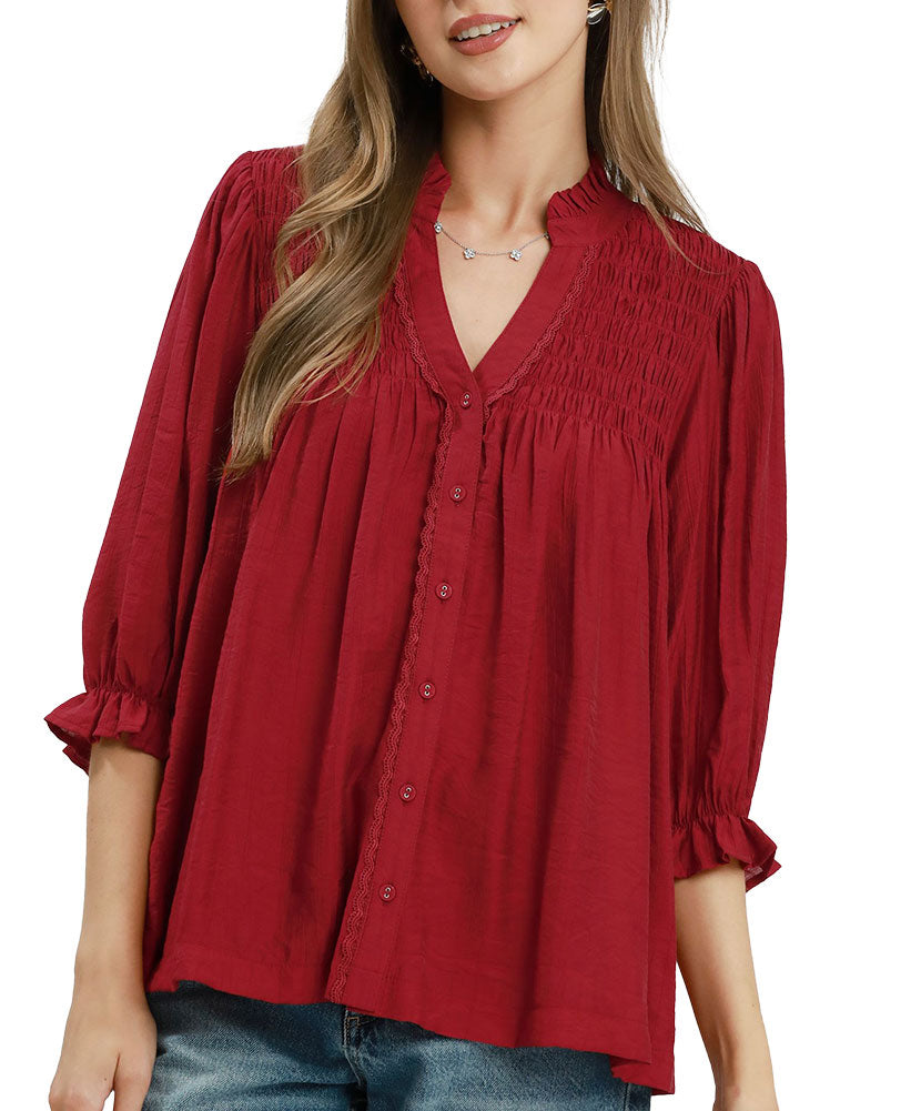 Umgee USA Smocked Yoke Button Front Blouse