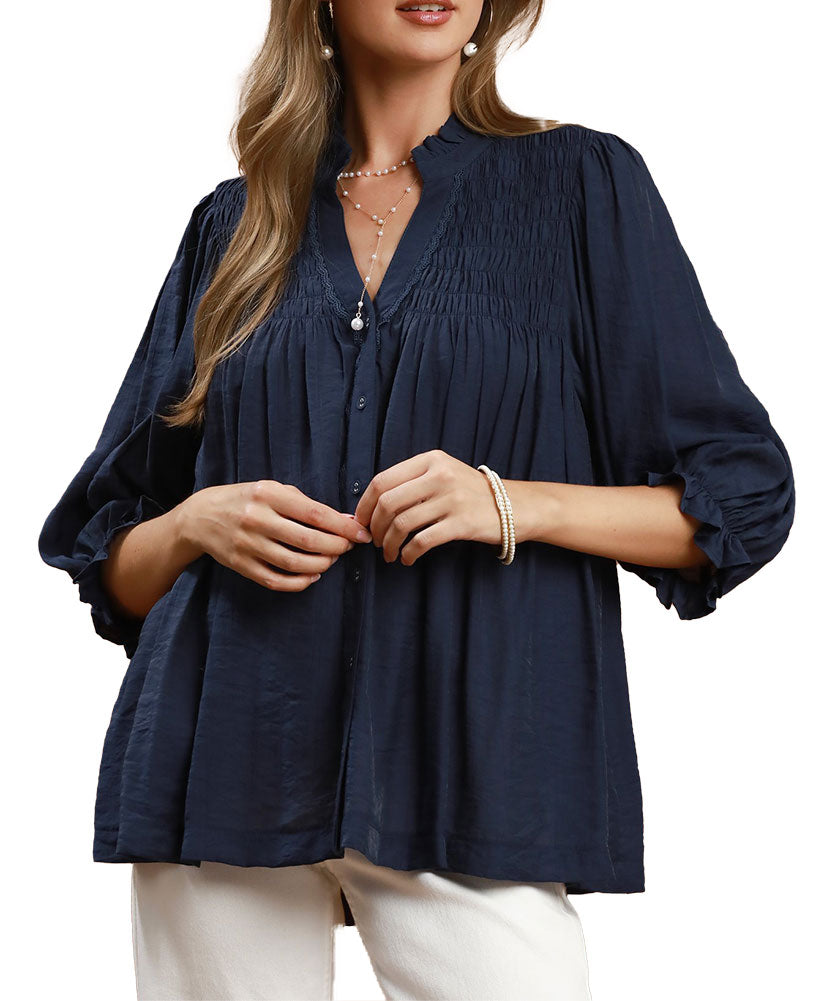 Umgee USA Smocked Yoke Button Front Blouse