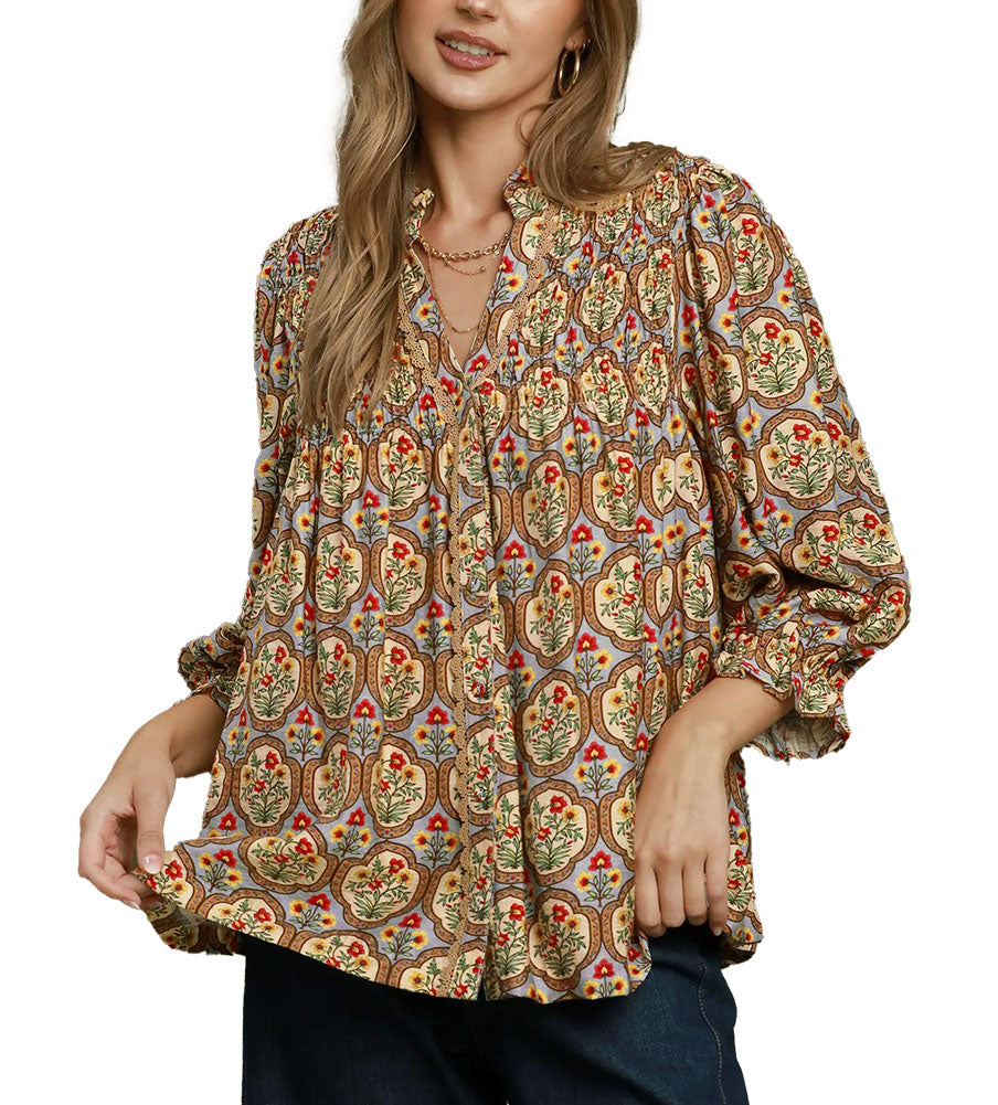 Umgee USA Boho Floral Medallion Print Split Neck Blouse