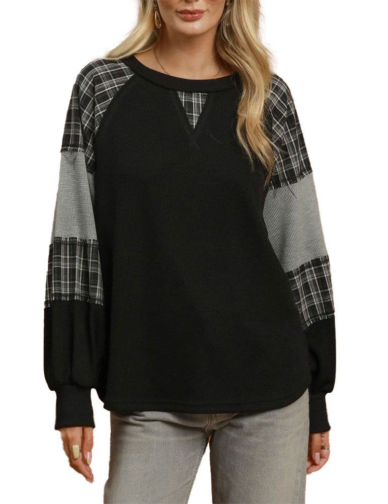 Umgee USA Plaid Patchwork Thermal Knit Top