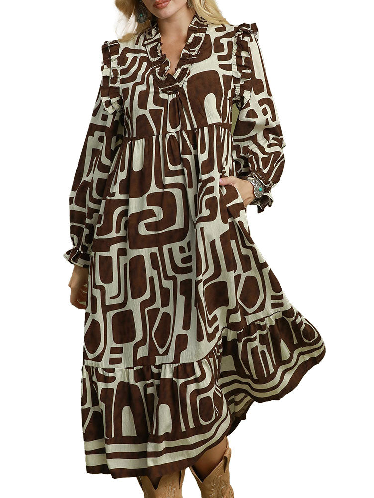 Umgee USA Abstract Geo Print Ruffle Maxi Dress