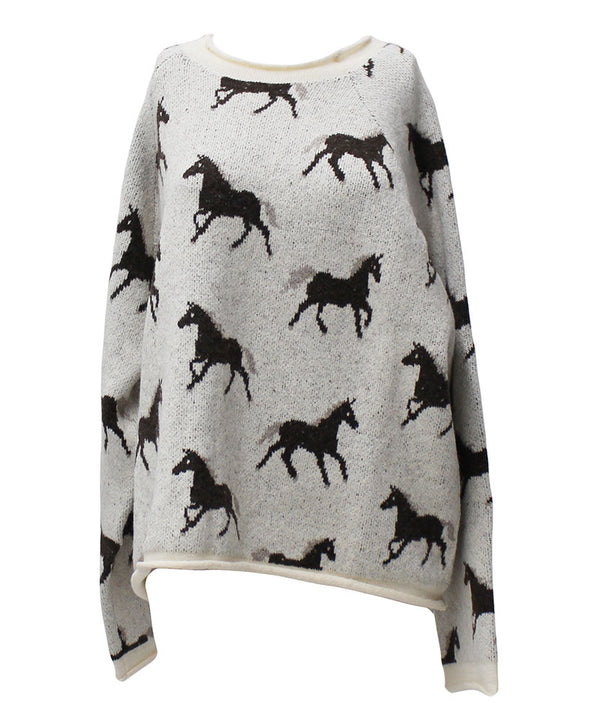Blu Pepper Women's Horse Jacquard Raw Trim Long Sleeve Knit Pullover Sweater