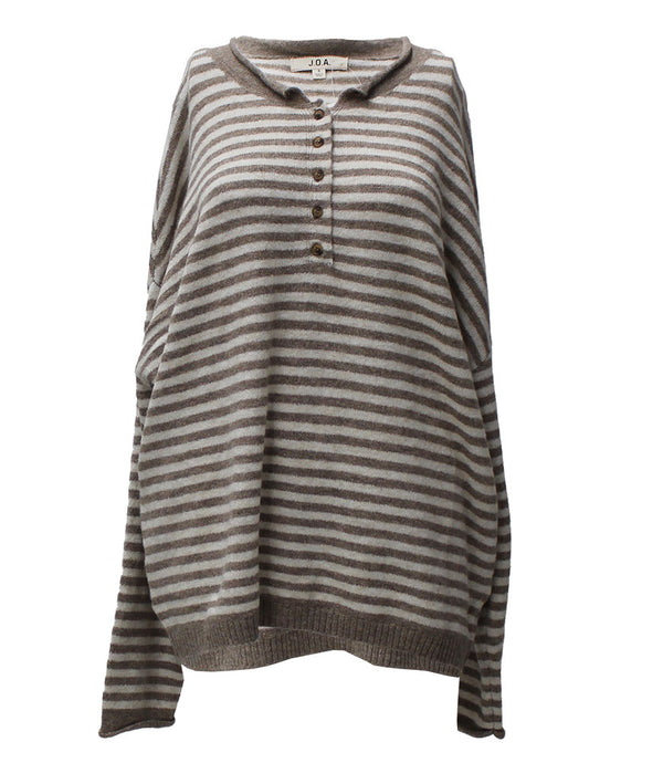 Blu Pepper Women's Button Henley Stripe Long Sleeve Drop Shoulder Sweater