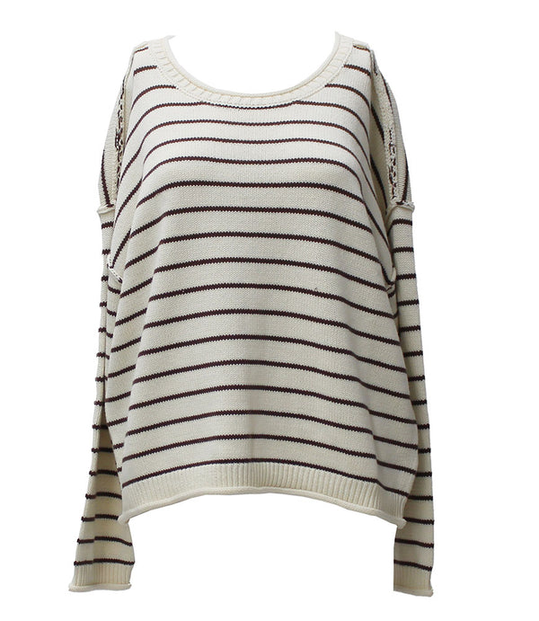 JOA Women's Striped Drop Shoulder Crew Neck Sweater