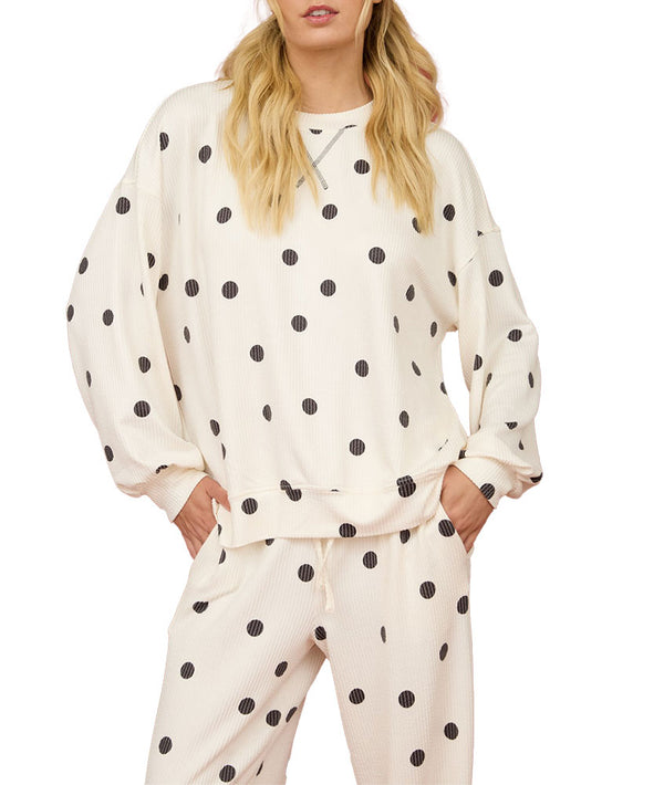 Blu Pepper Women's Polka Dot Textured Long Sleeve Crew Knit Top