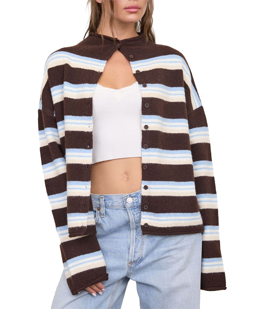 Blu Pepper Women's Multi-Color Stripe Rolled Neck Knit Cardigan